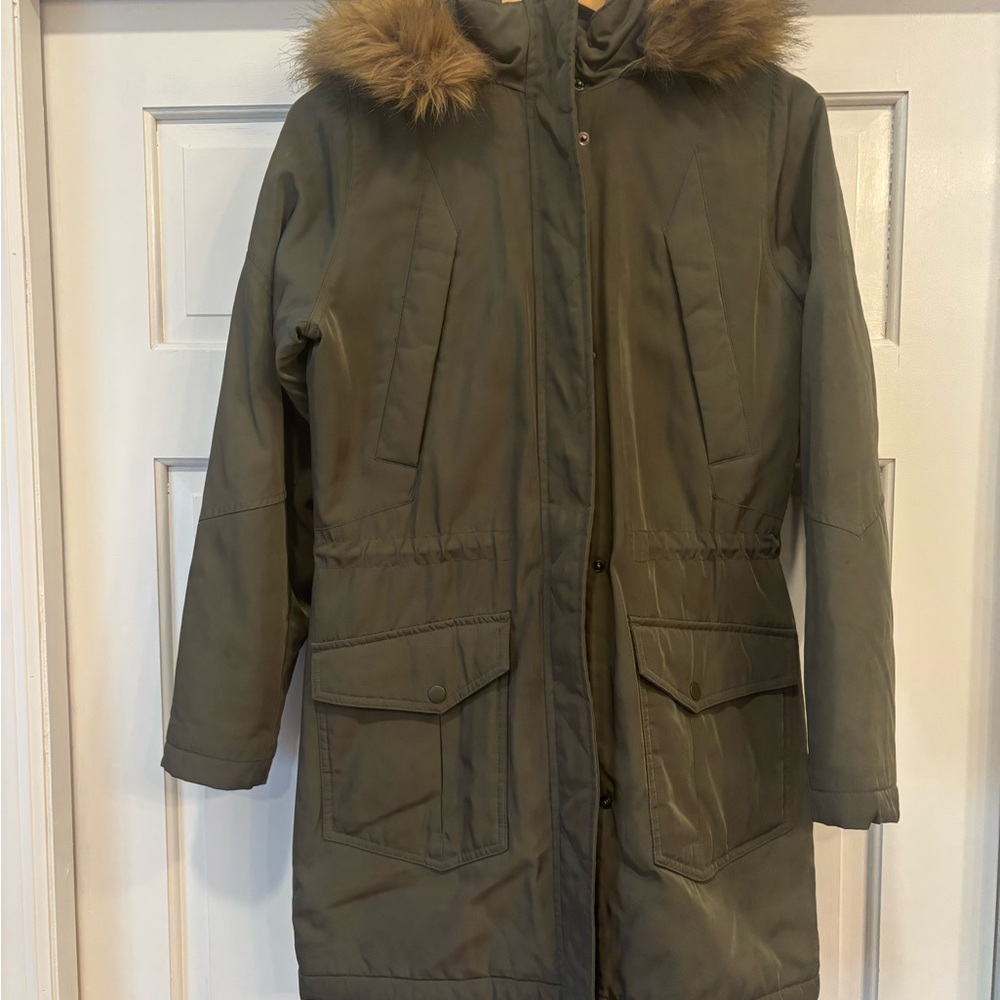 A New Day Olive Faux Fur Trim Parka Water-Resistant Detachable Hood Chic Utility